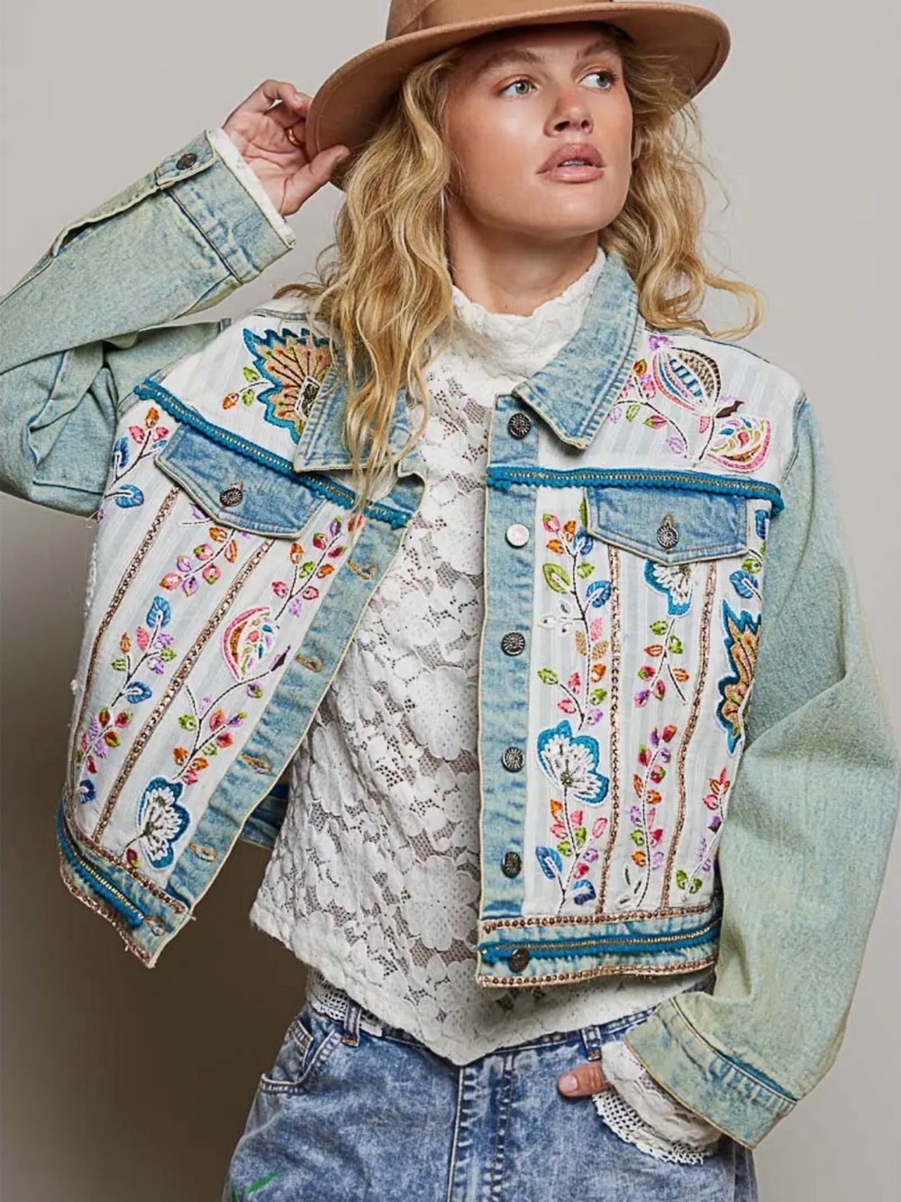 POL denim beaded sequin boho western tapestry patchwork floral jean jacket coat